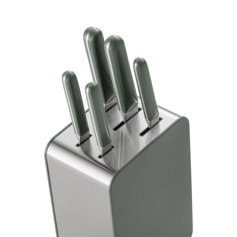Khaki knife block set on worktop